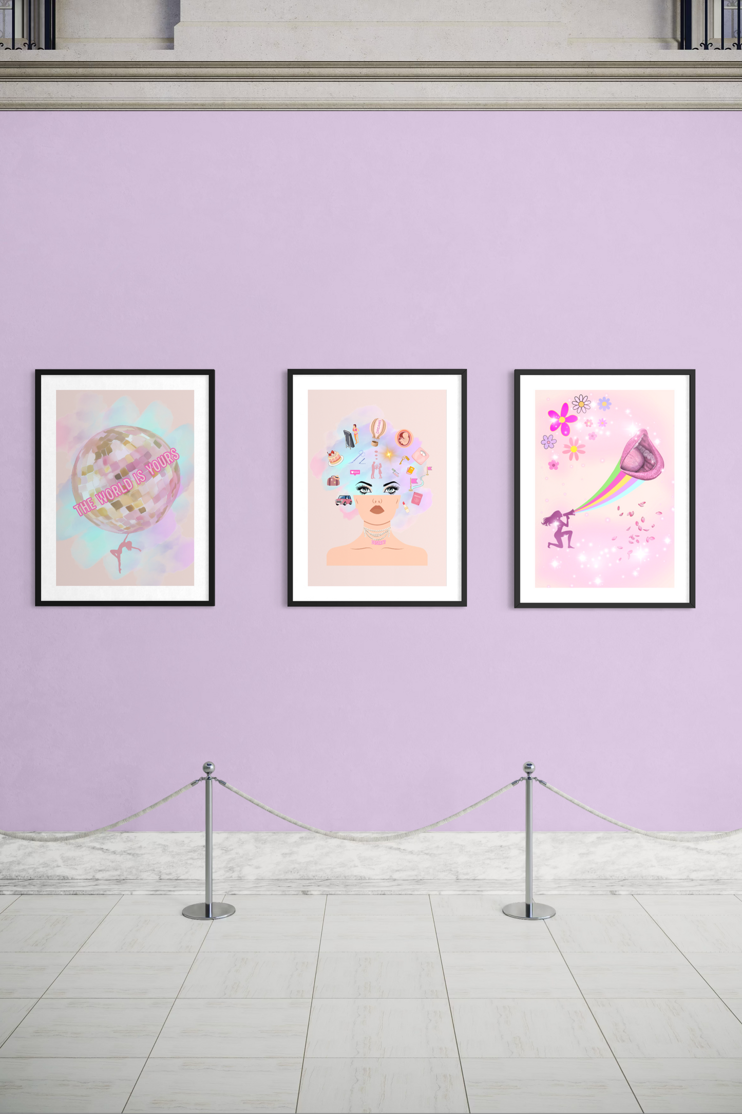 Gallery display of three framed feminist art prints from A Year of Taking Up Space (Without Apologising) — January Permission, February Desire?, and March Voice — limited edition A2 wall art exploring female empowerment, self-trust and expression.