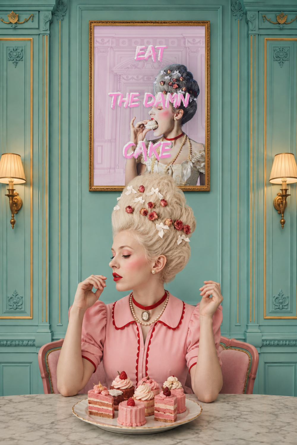 A woman in a pink vintage-style dress sits at a table with pink cake slices in front of her, while a framed poster above her reads 'EAT THE DAMN CAKE' in pink letters. The room has teal paneled walls and wall lamps.