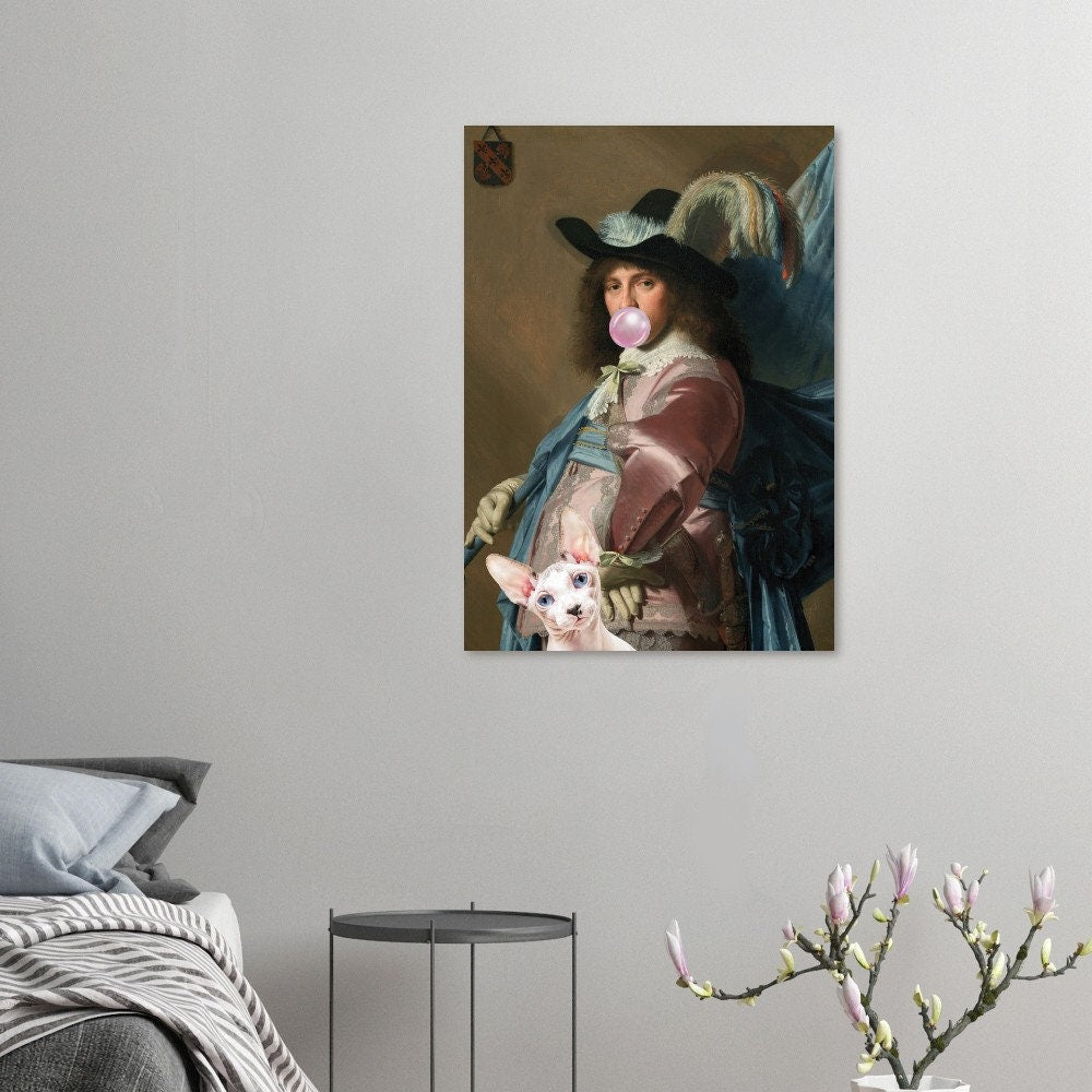 Quirky Bubble Gum Gentleman and Cat, Altered Art Print Poster, Funky Home Decor, Maximalist, Humorous Classic Portrait, Eclectic Gift.