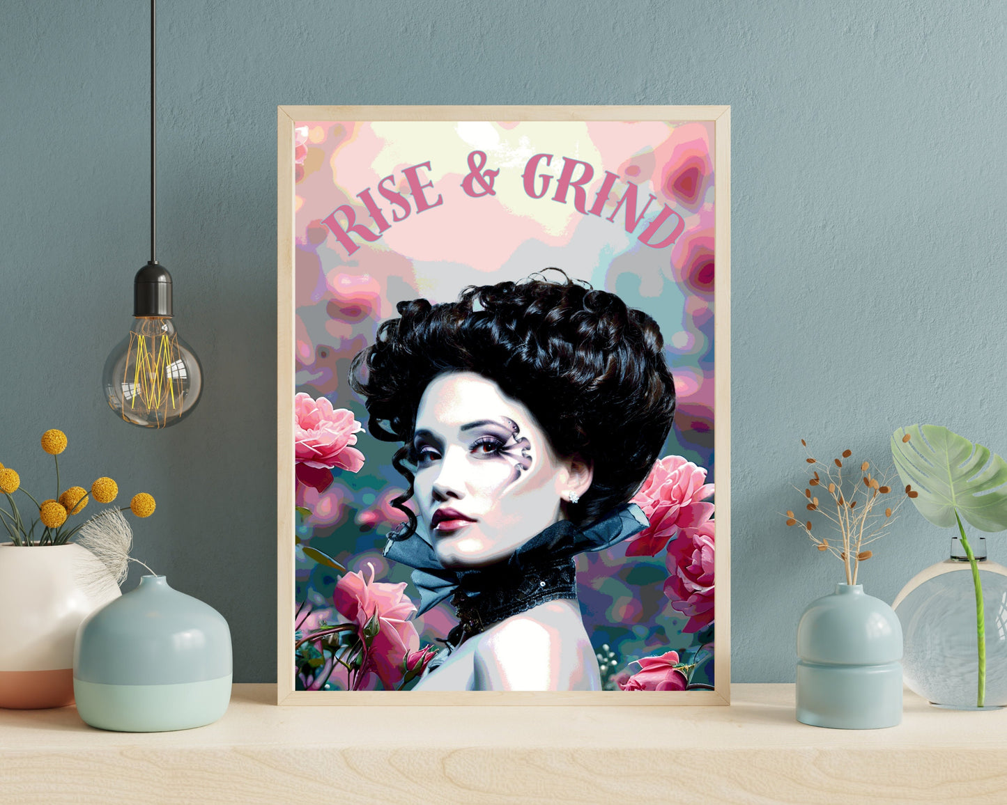 Rise and Grind, Pink Roses Tattoo, Tattooed Woman Art, Feminist Poster, Girl Power, Eclectic Gift Idea, Funky Wall Art, Quirky Home Decor