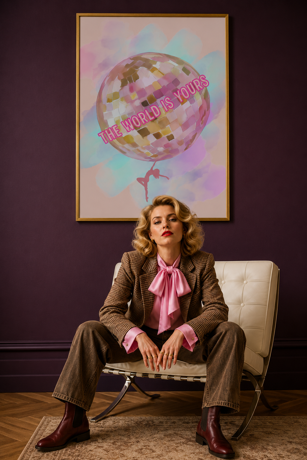 A woman sits in a white lounge chair in a room with a dark purple wall, wearing a brown tweed blazer and trousers with a pink neck bow. Above her is a large framed art print featuring a disco ball with the text 'THE WORLD IS YOURS'.