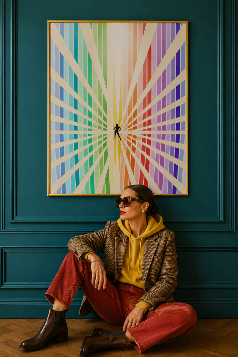 A person wearing a brown plaid blazer, yellow hoodie, red pants, and brown boots sits on a wooden floor in front of a dark teal paneled wall, looking at a colorful framed art print depicting a rainbow light beam pattern.