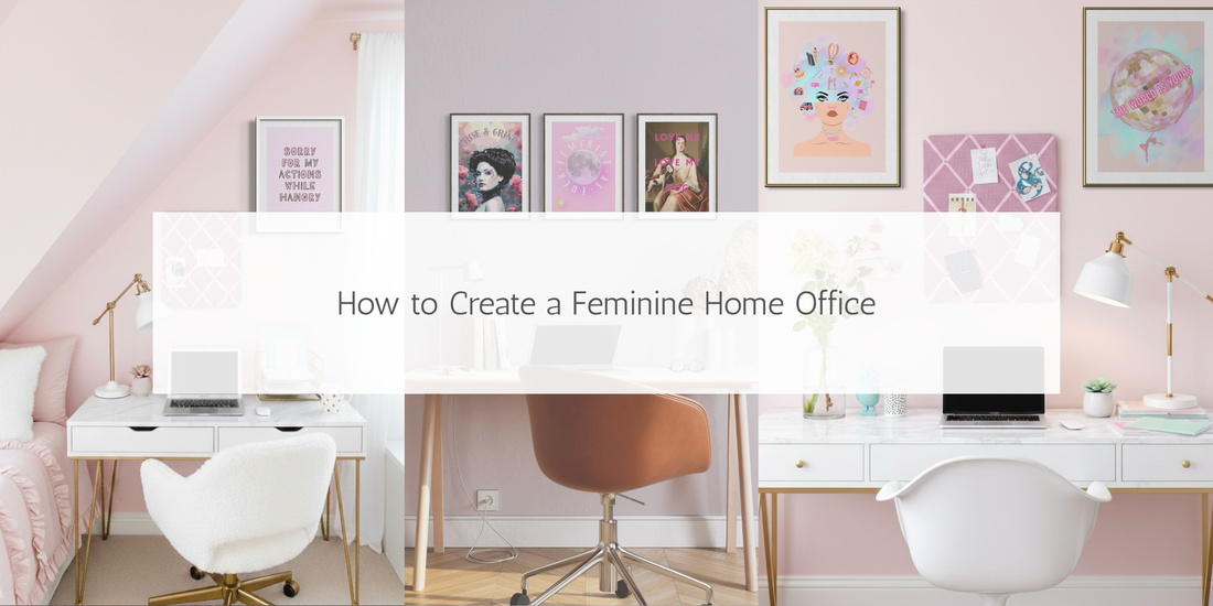 Feminine home office with pink wall art, gallery wall and styled desk workspace