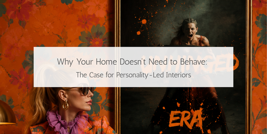 Blog header graphic showing a woman in an orange floral suit beside the "In My Unhinged Era" art print in a bold personality-led interior.