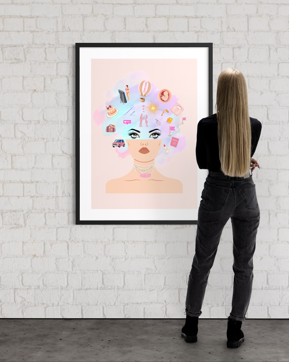 Framed limited edition art print “February — Desire?” shown in a calm interior setting, adding quiet emotional presence to the space.