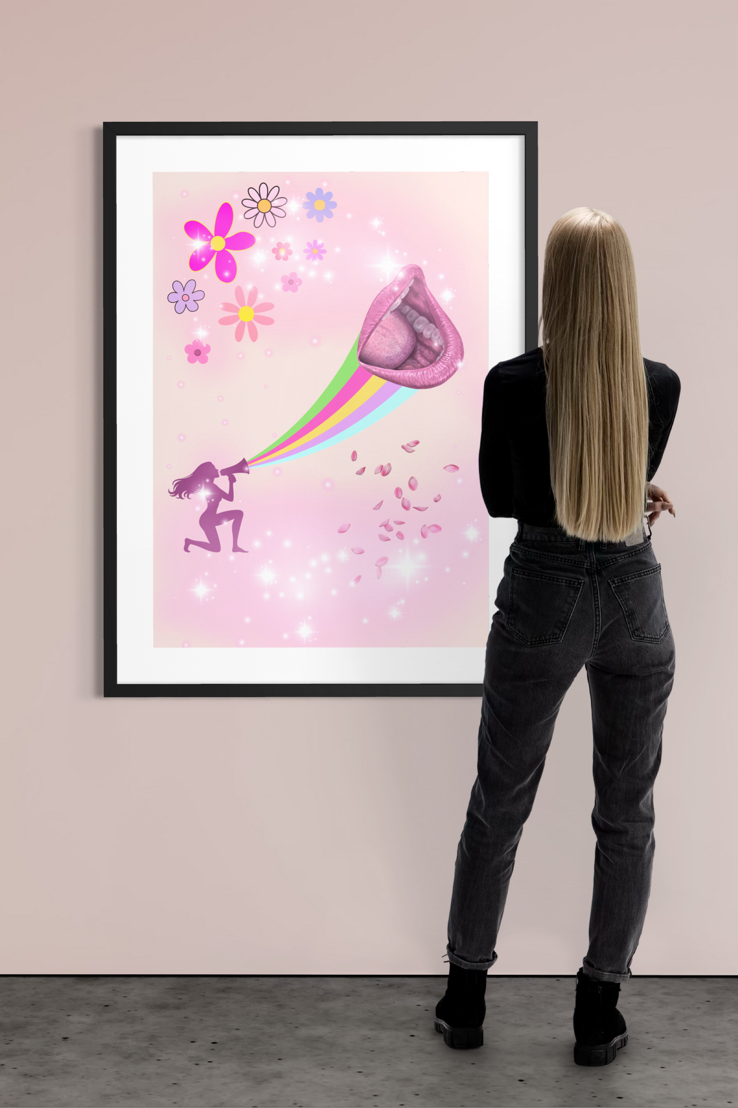 Framed March “Voice” feminist art print with woman viewing artwork featuring a megaphone, colourful sound waves and lips symbolising female expression and voice.