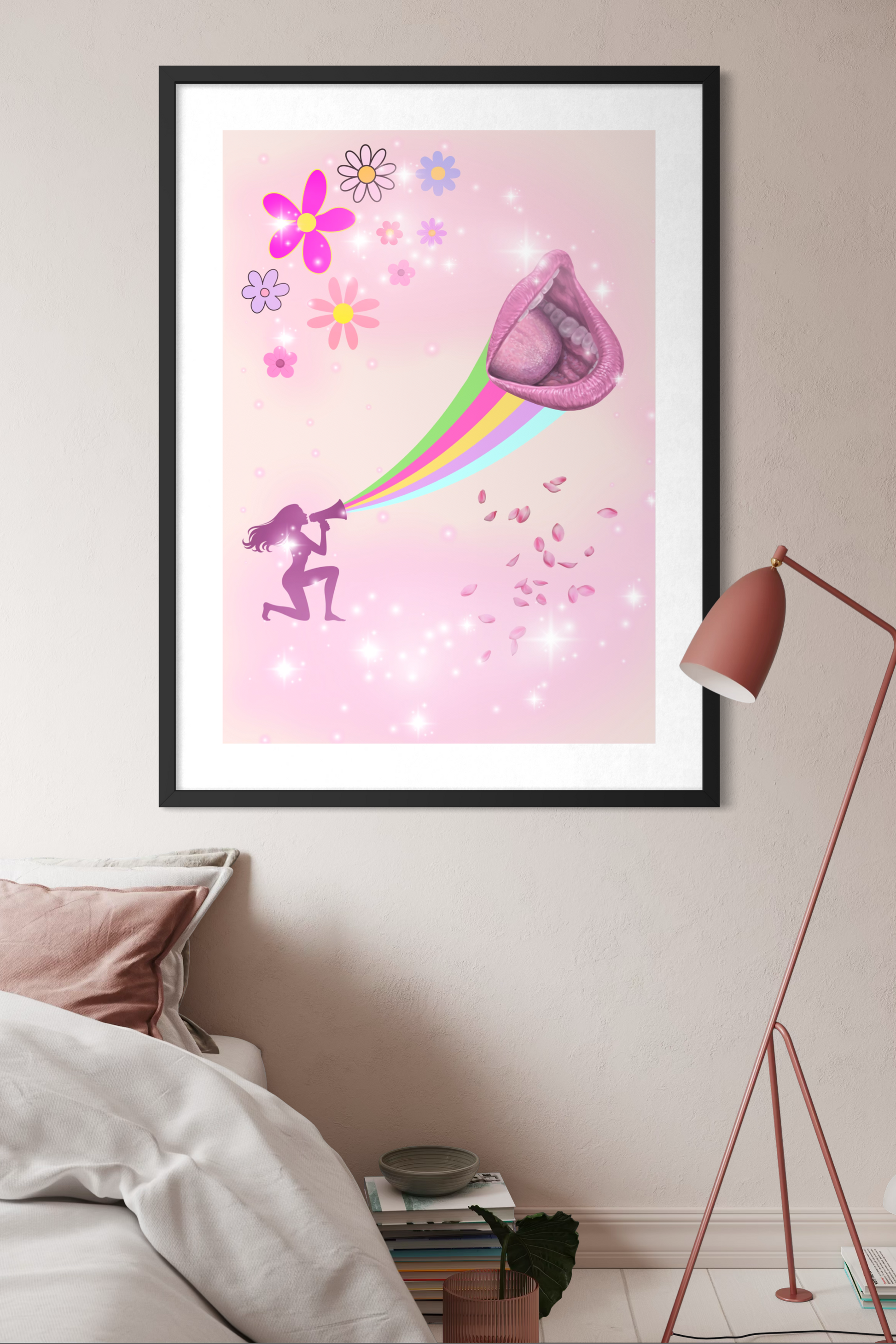 Feminist Voice art print showing a woman speaking through a megaphone with rainbow sound waves toward a mouth, symbolising expression and women’s voice. hanging on a pink wall over a bed