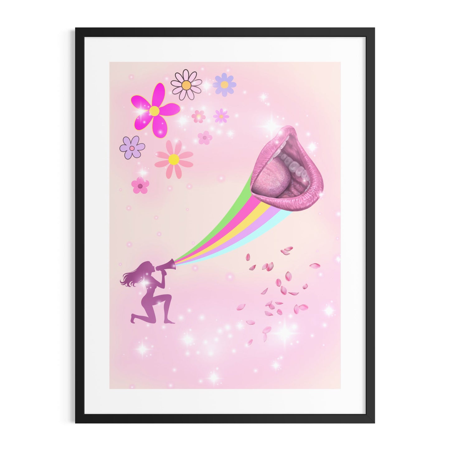 March Voice feminist art print featuring a woman speaking through a megaphone with colourful sound waves, symbolising female expression and visibility.