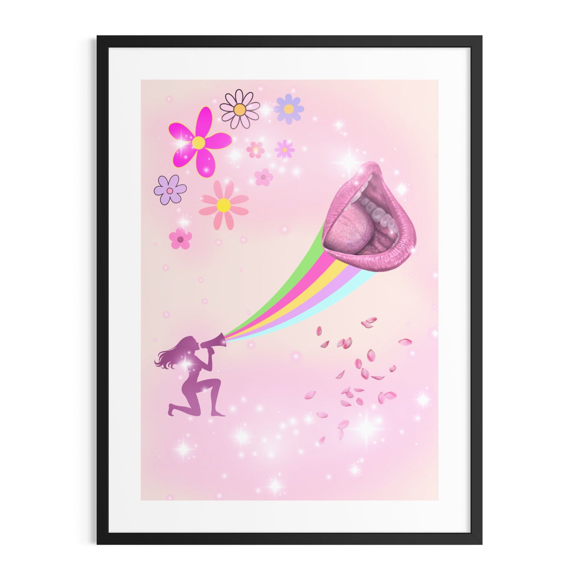 March Voice feminist art print featuring a woman speaking through a megaphone with colourful sound waves, symbolising female expression and visibility.