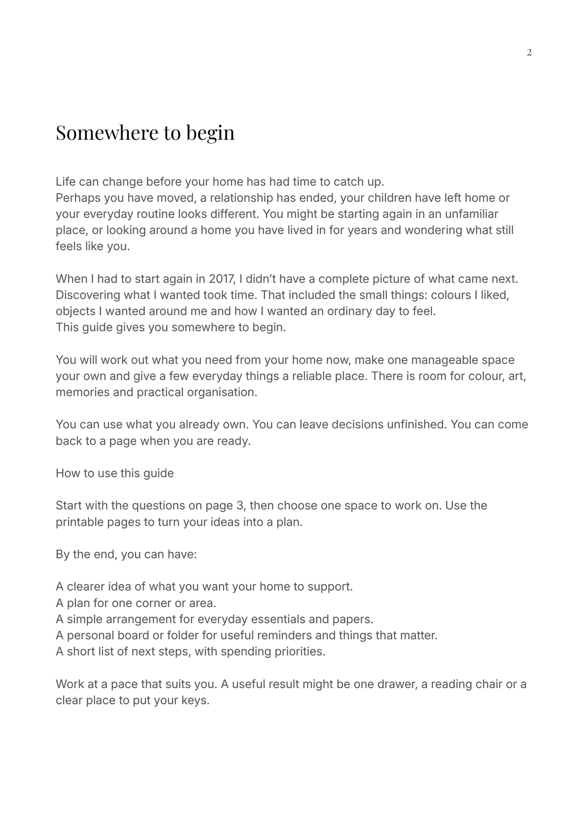 A single-page printed guide titled 'Somewhere to begin' with black text on a white page, showing introductory advice about home and moving.