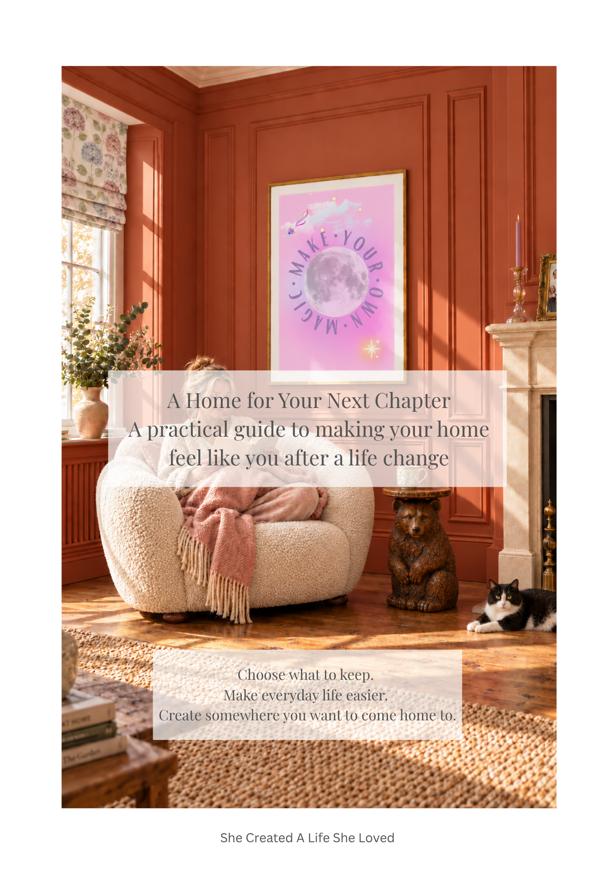 A cozy interior room scene with warm orange-brown wood paneled walls, a cream armchair with a pink throw blanket, a framed pastel moon print on the wall, a fireplace mantel, and overlaid text reading 'A Home for Your Next Chapter' and 'A practical guide to making your home feel like you after a life change.'.