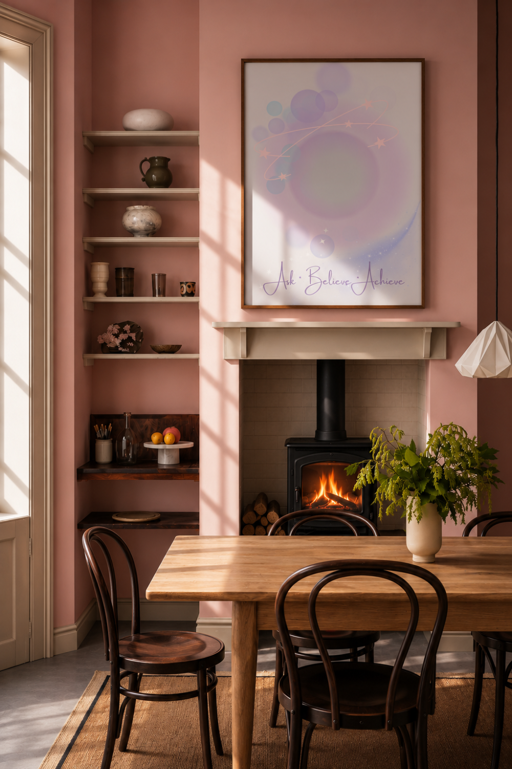 A cozy interior scene with a wooden dining table and chairs in front of a fireplace, pink walls, built-in shelves, and a framed abstract artwork above the mantel.