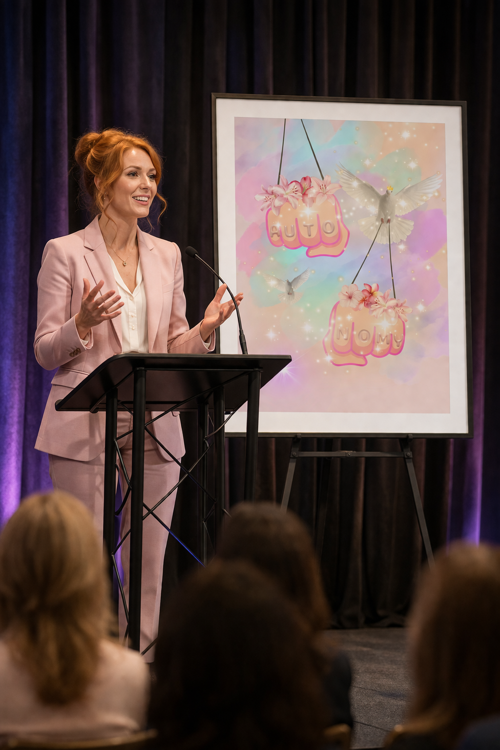 Feminine autonomy art print displayed on stage behind a confident business woman speaking at a lectern in a soft pink suit