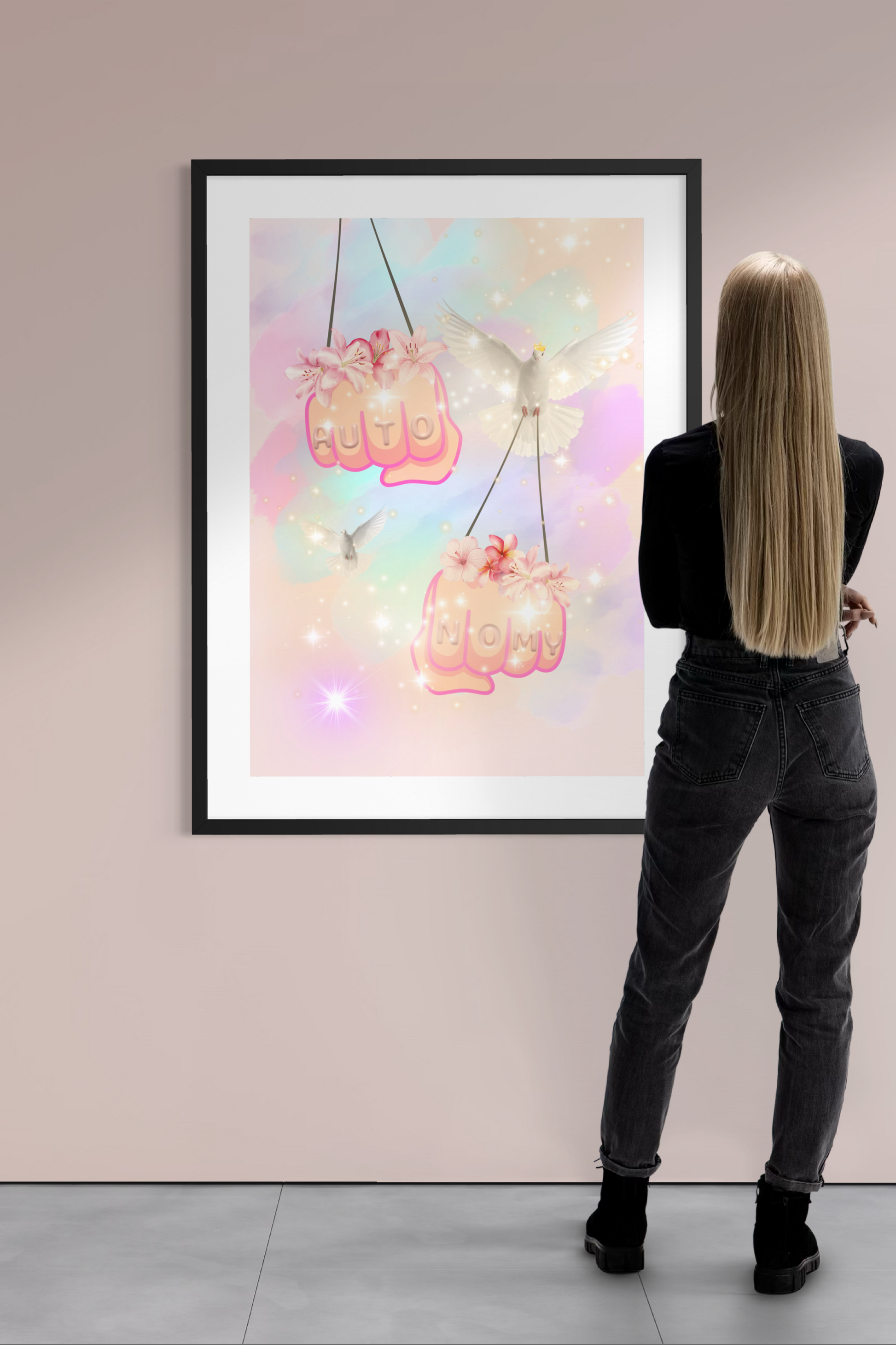 Autonomy feminist art print displayed on a wall with a woman viewing, showing scale and soft pastel symbolic artwork