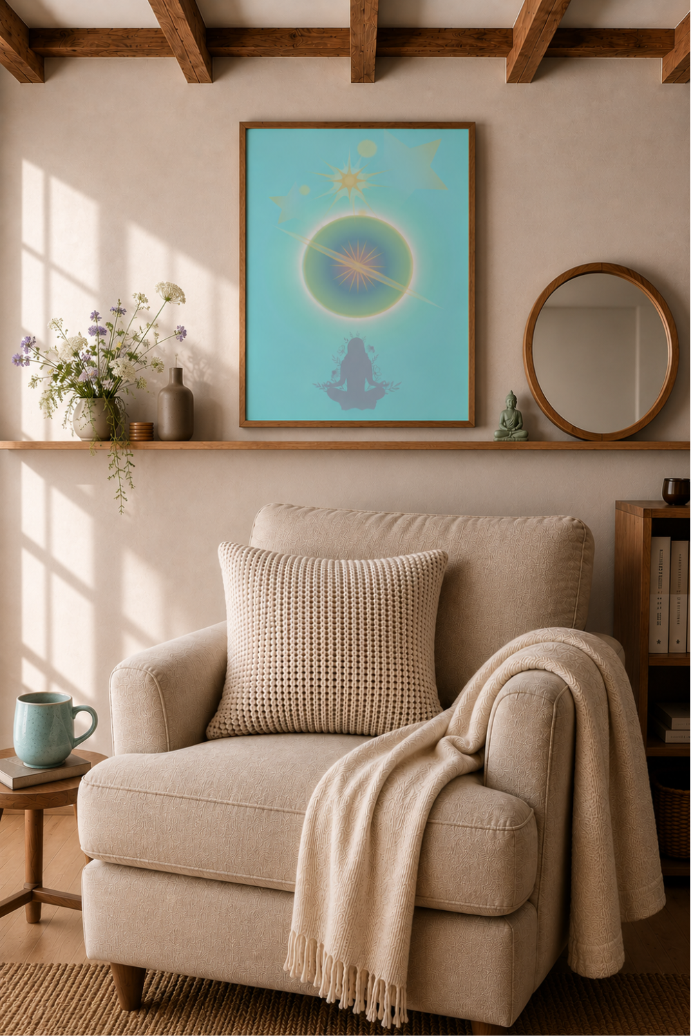 A framed art print featuring a meditating figure and a glowing sun and moon in a turquoise circle, displayed on a beige wall above a cozy armchair in a sunlit room.