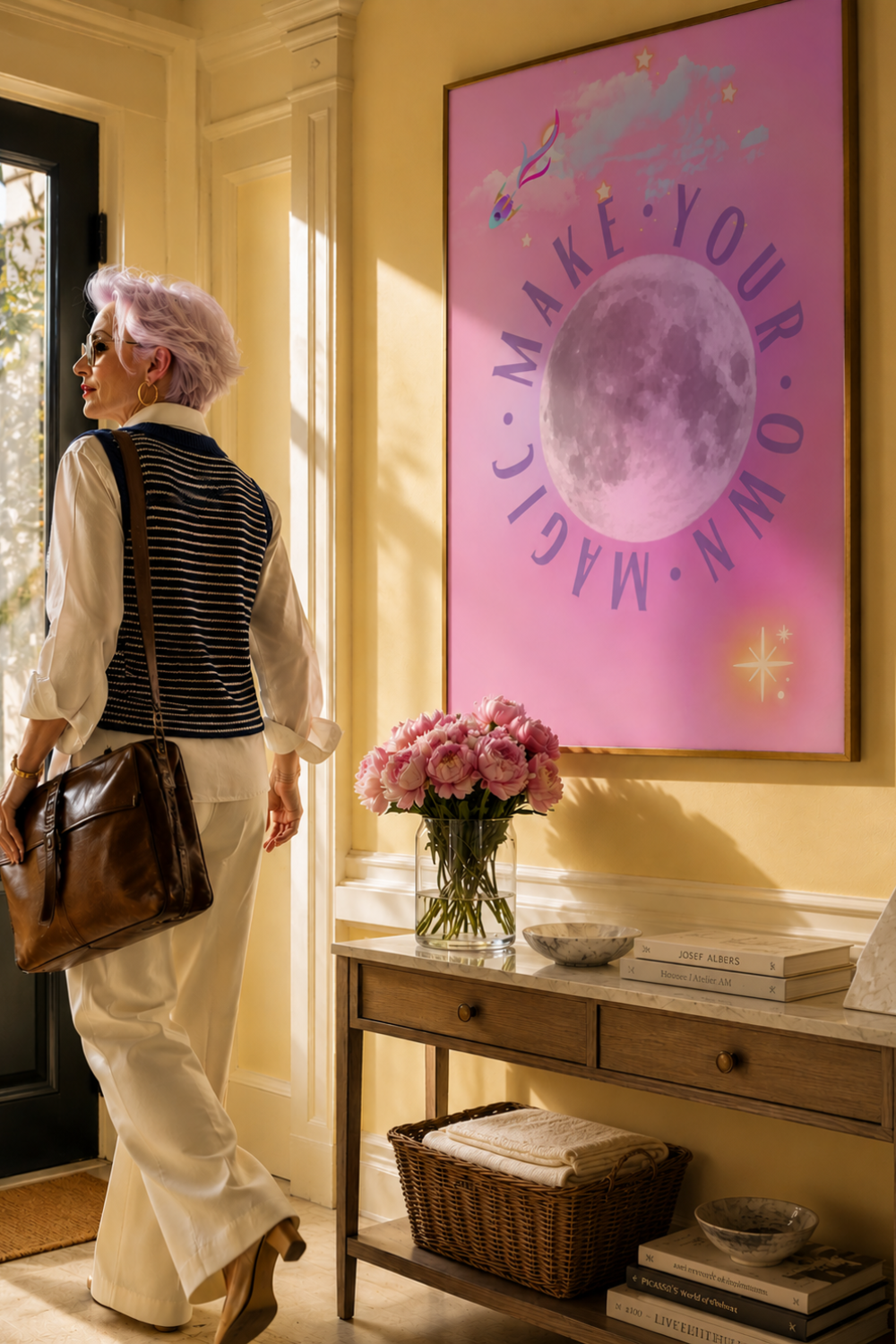 An older woman with lavender hair walks out of a sunlit hallway perhaps going to an important  meeting carrying a brown leather shoulder bag. On the wall is a large framed pink poster with a moon illustration and the words 'MAKE YOUR OWN MAGIC.
