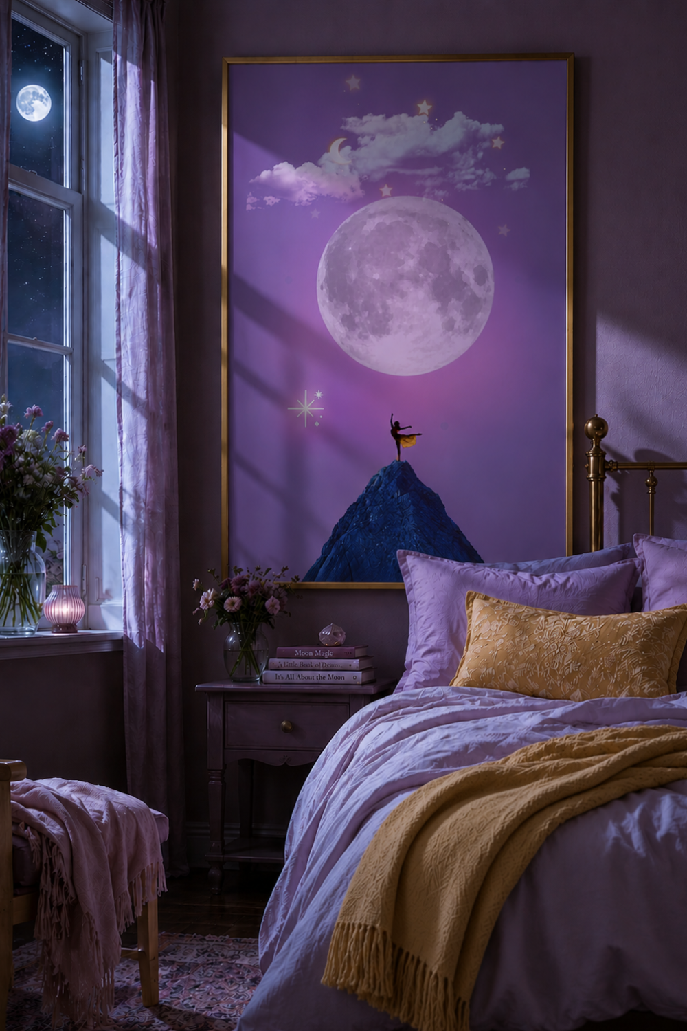 A styled bedroom scene featuring a large framed moonlit ballerina wall art print with a purple night sky, oversized moon, stars, and a dark mountain peak. The room includes a bed with lavender bedding and a mustard throw blanket, a window with curtains, and a bedside table.