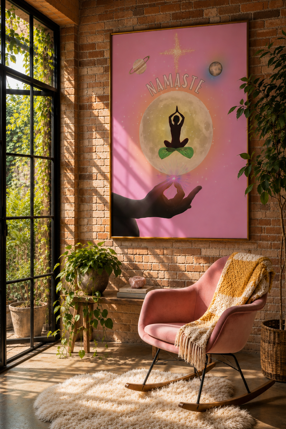 A large framed yoga-themed wall art print hangs on a brick wall in a sunlit room. The print features a pink background with the word 'NAMASTE' above a meditating figure in a green lotus pose, a yellow moon, and a black silhouette of a hand.
