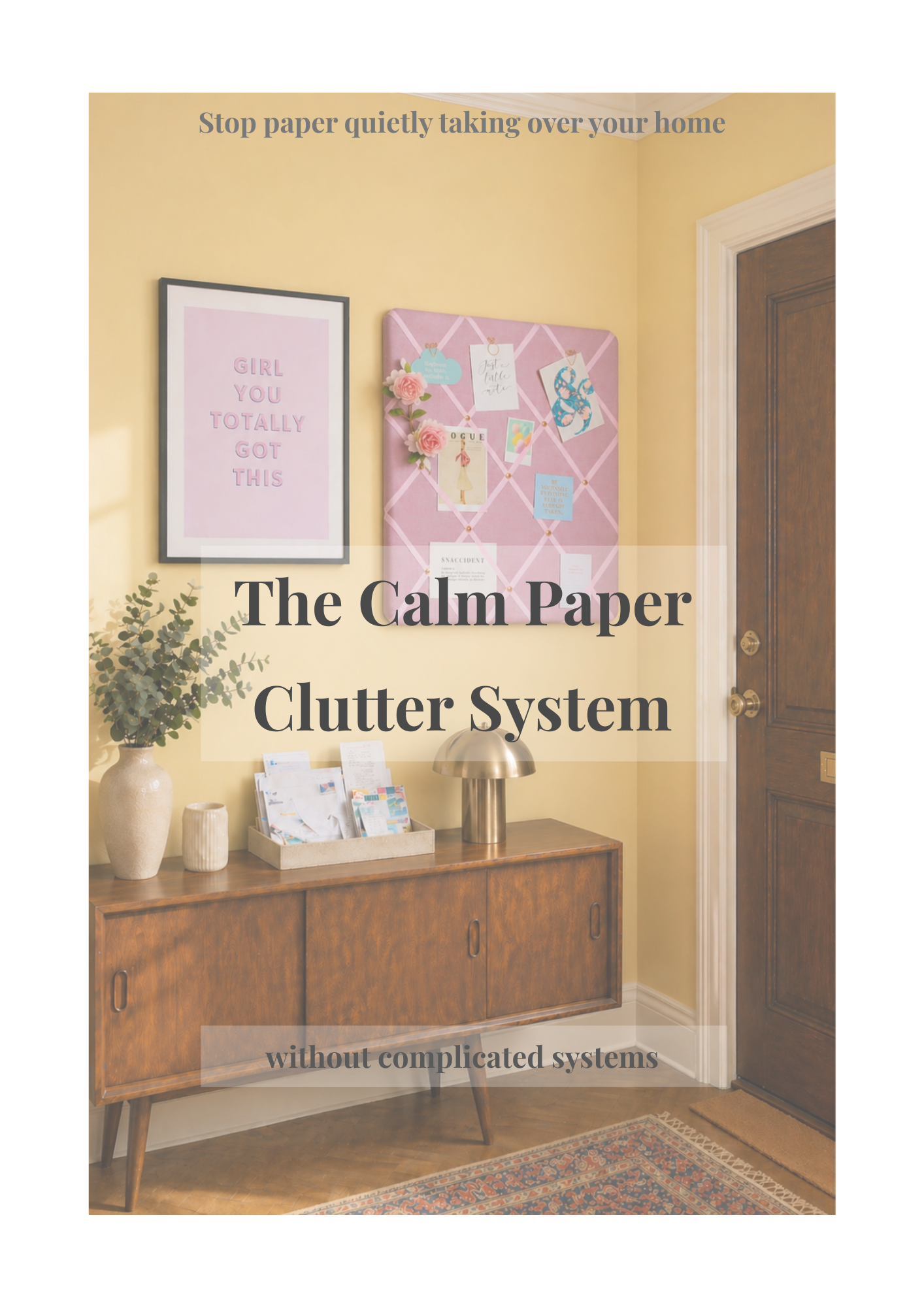 Calm paper clutter system guide cover showing organised hallway console with sorted mail, notice board and art print in a soft yellow home interior