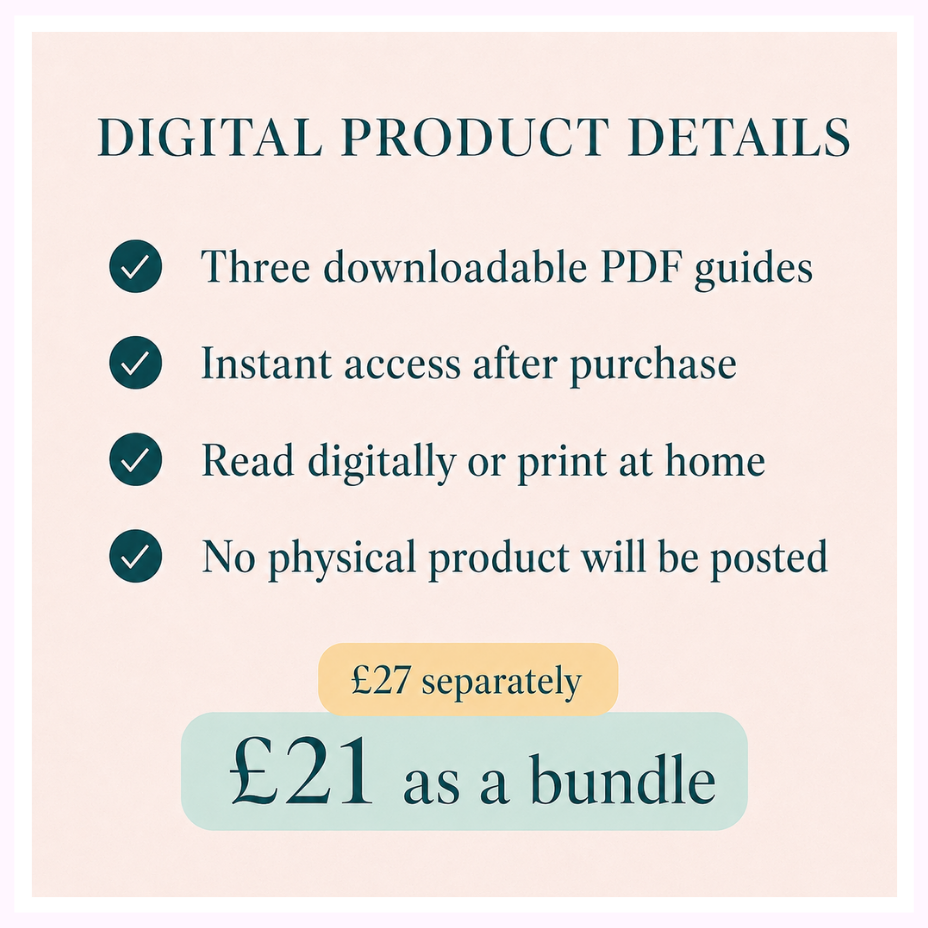 Digital product details graphic showing a bundle price of £21 for three downloadable PDF guides, with a price reduction from £27. The text is presented on a pale pink background with dark teal lettering and checkmarks.