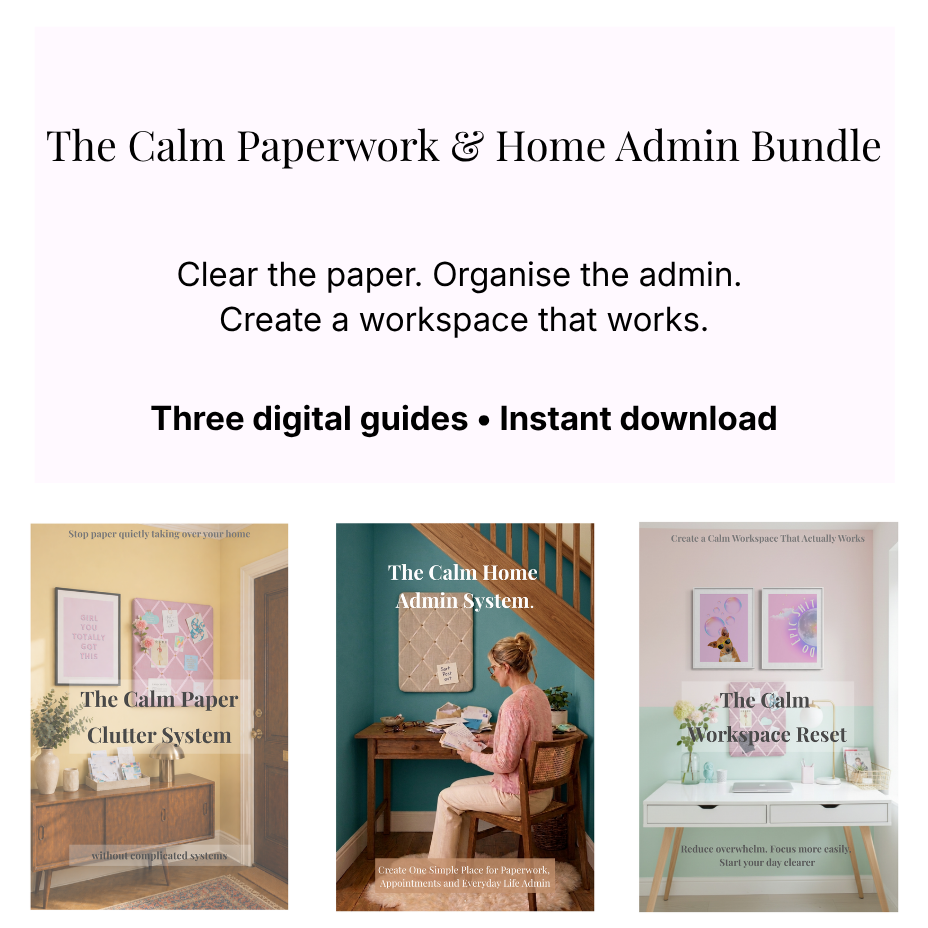 Promotional graphic for 'The Calm Paperwork & Home Admin Bundle' showing three digital guide covers: 'The Calm Paper Clutter System,' 'The Calm Home Admin System,' and 'The Calm Workspace Reset,' with text stating 'Three digital guides • Instant download' on a pale pink background.