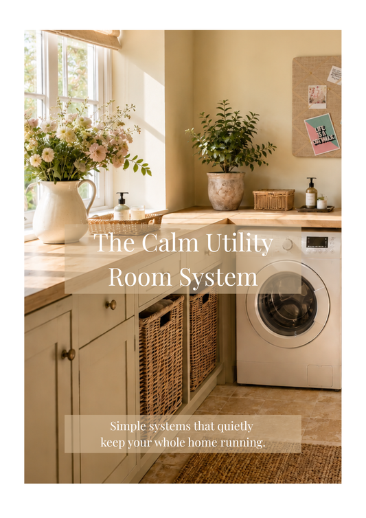 The Calm Utility Room System digital guide cover featuring a calm English utility room with a handmade fabric notice board, natural oak worktops, woven storage baskets and soft morning sunlight.