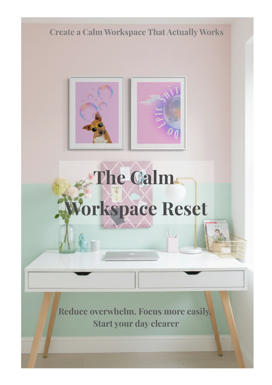 Calm workspace desk setup with pastel wall, notice board and framed art prints showing a simple organised home office for focus and clarity
