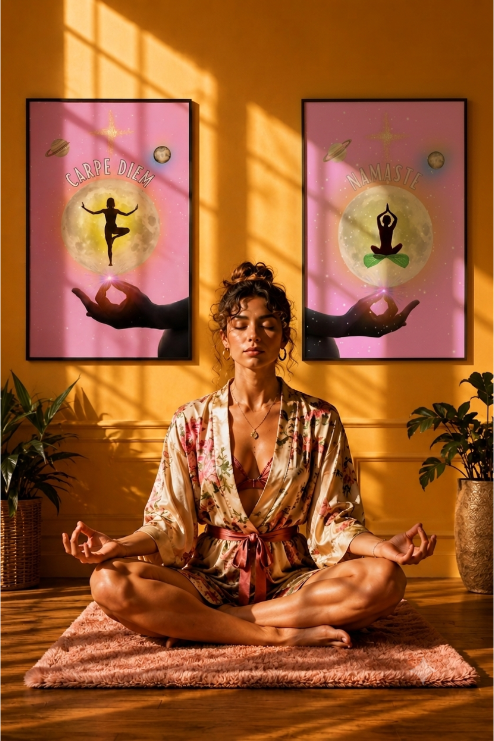A woman sits cross-legged in a meditative pose on a pink rug in a warmly lit room, with two framed pink yoga-themed wall prints behind her. The prints feature silhouettes of yoga poses on a full moon with the words 'Namaste' and 'Carpe Diem'.