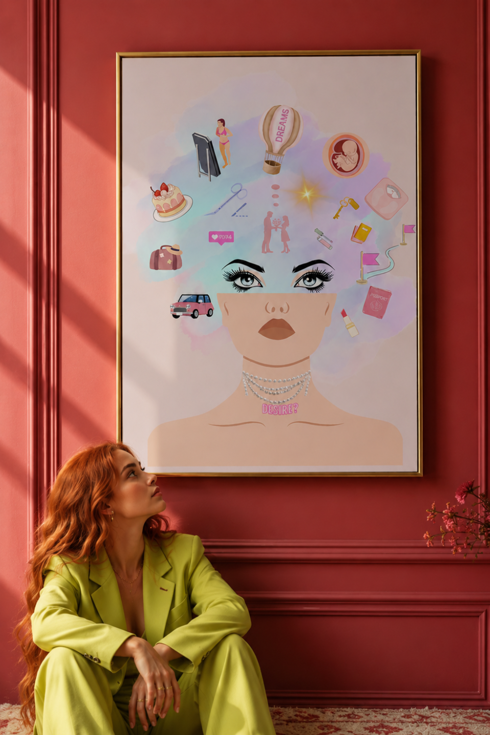 A woman in a bright yellow-green blazer sits on the floor looking up at a large framed fashion illustration hanging on a red paneled wall. The artwork shows a stylized face with floating fashion icons such as a hot air balloon, sunglasses, perfume bottle, and handbag.