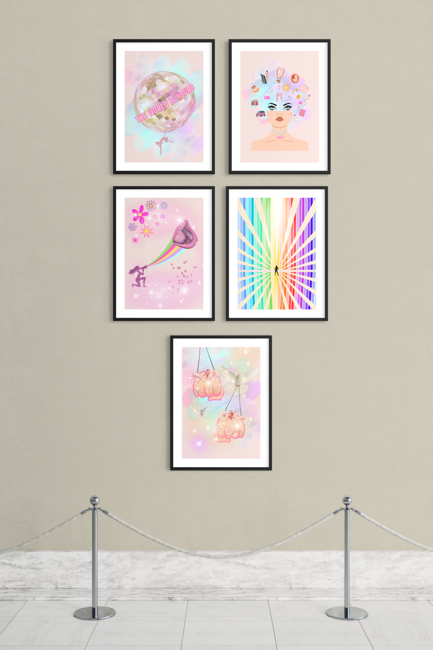 Feminine gallery wall featuring colourful conceptual art prints including the Autonomy art print from A Year of Taking Up Space series
