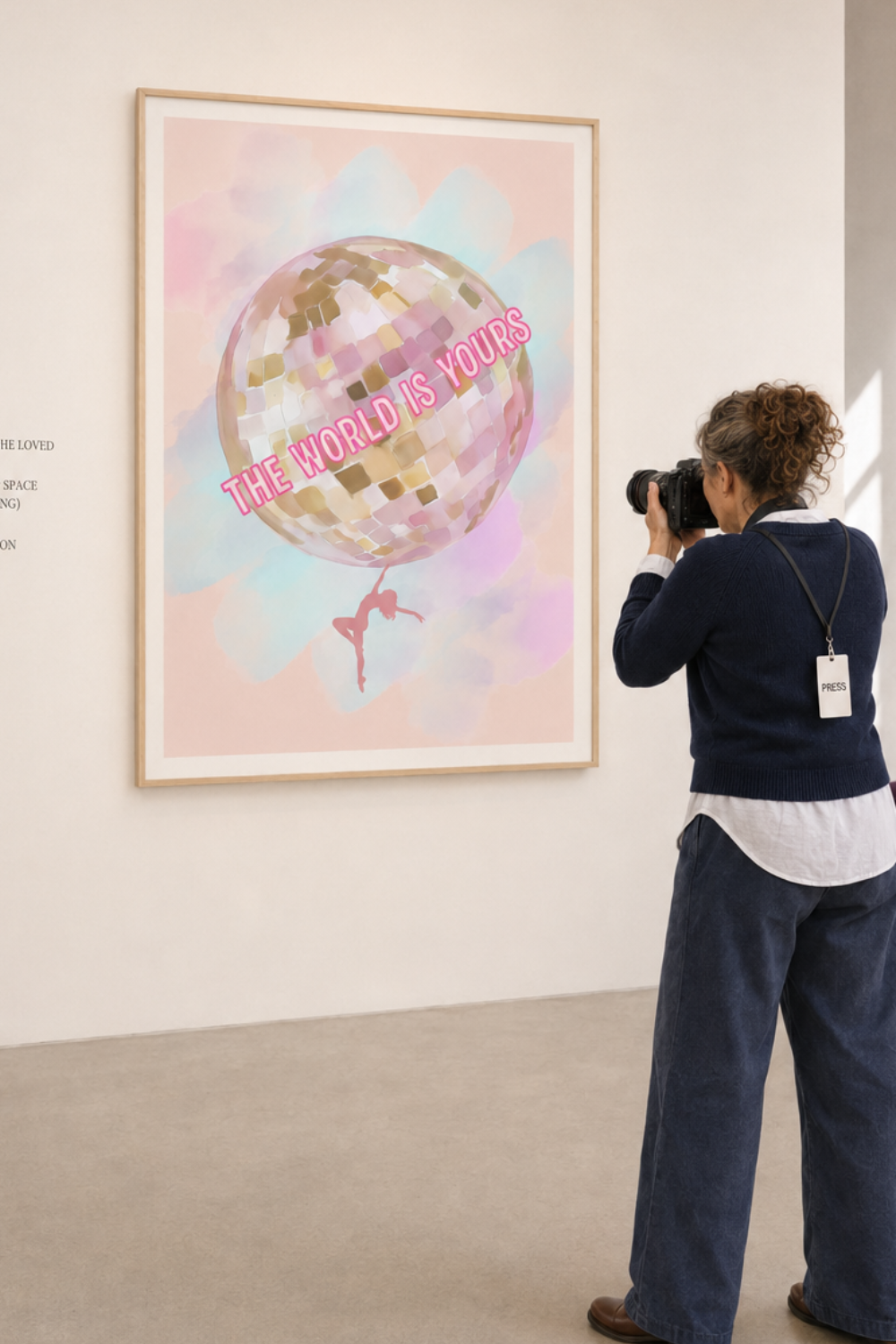 A woman takes a photo of a framed art print in a gallery setting. The print features a pastel watercolor background in pink, blue, and yellow, with a disco ball graphic and the text 'THE WORLD IS YOURS'.
