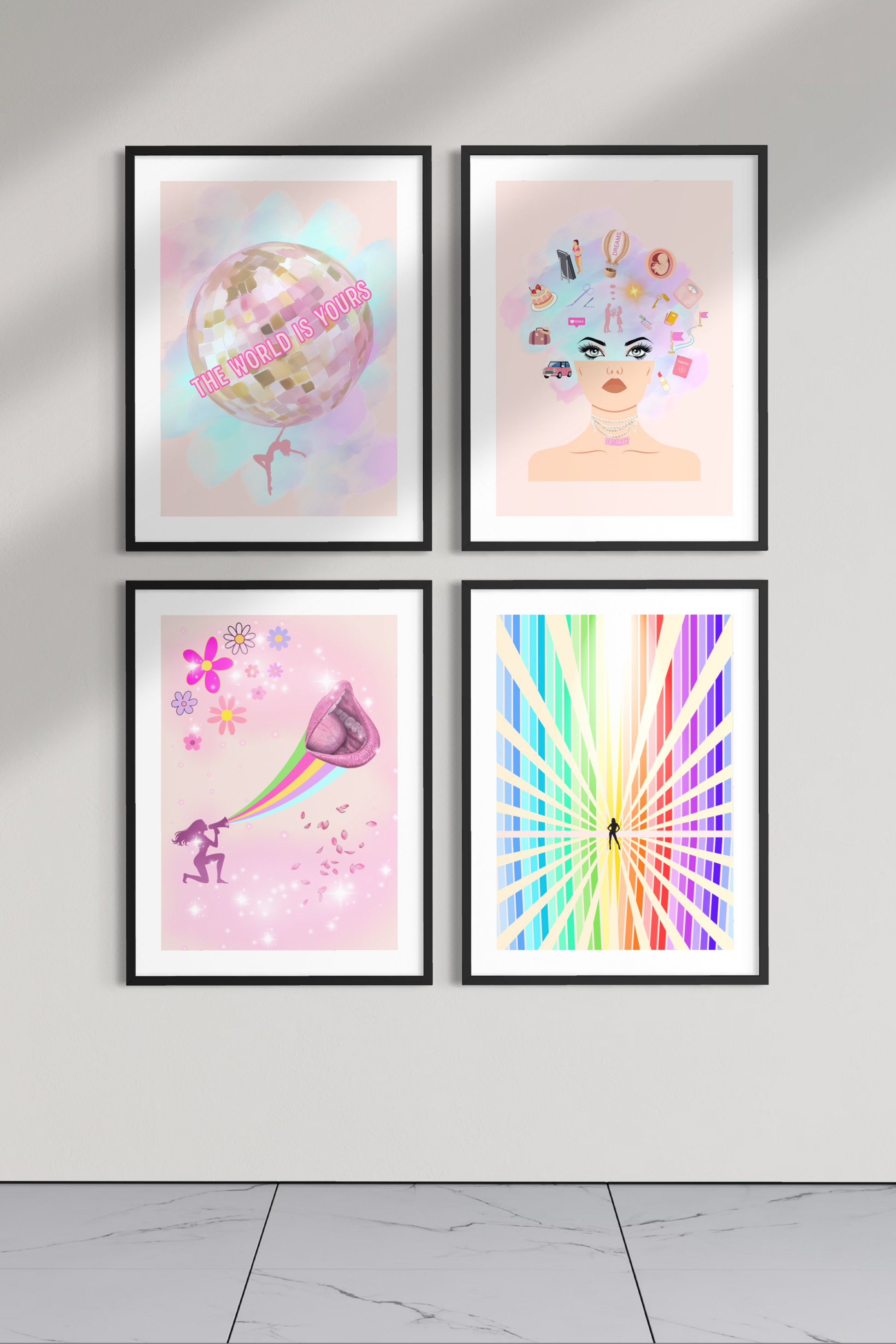 Gallery wall of four feminist art prints including Visibility, styled in a modern interior, colourful conceptual wall art for bold feminine spaces and statement gallery wall ideas