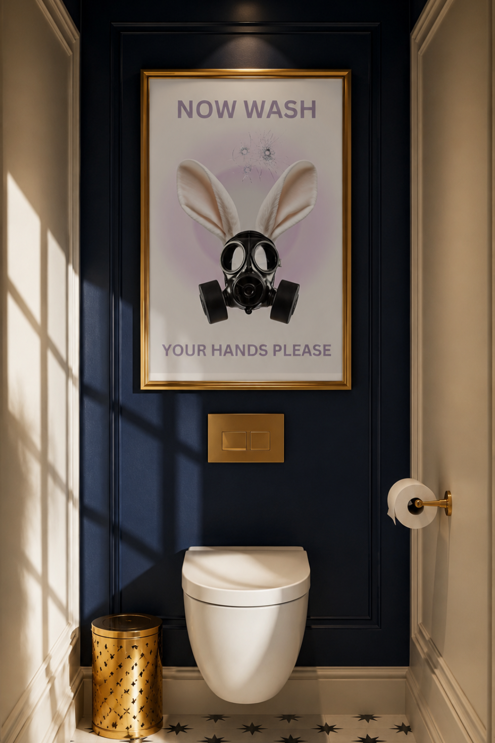 A framed novelty bathroom wall art print featuring a cartoon rabbit wearing a gas mask with the text 'NOW WASH YOUR HANDS PLEASE', mounted on a dark navy blue wall above a white wall-mounted toilet in a styled bathroom setting.