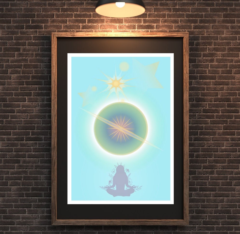 divine feminine moon art print with meditating woman