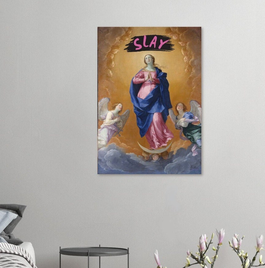 Slay, Girly Art, Female Print,  Angels, Divine Feminine Poster, Altered Art Portrait, Feminist Words, Witty Phrase, Humorous, Eclectic Decor