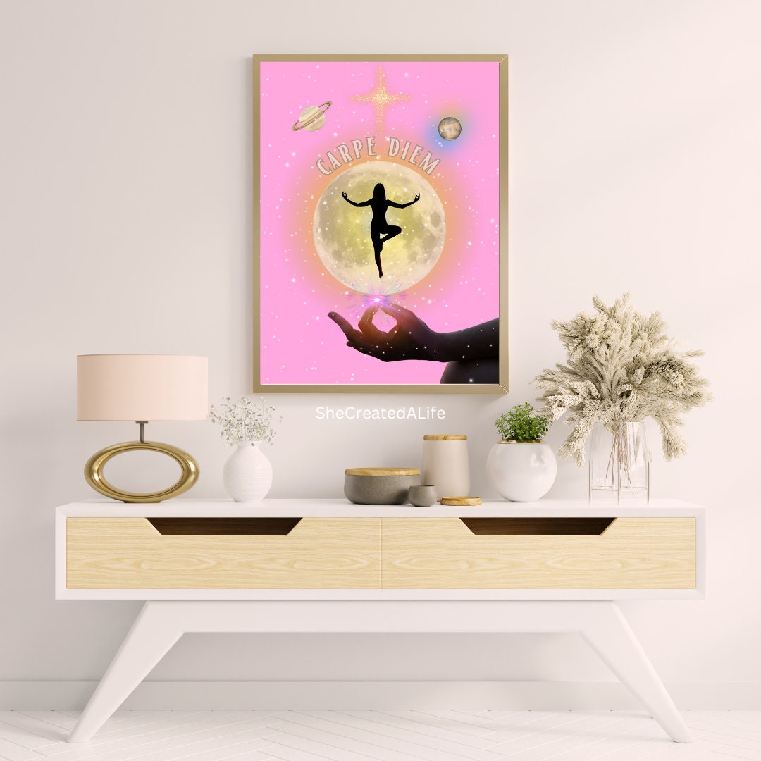 yoga-inspired wall art with seize the day message