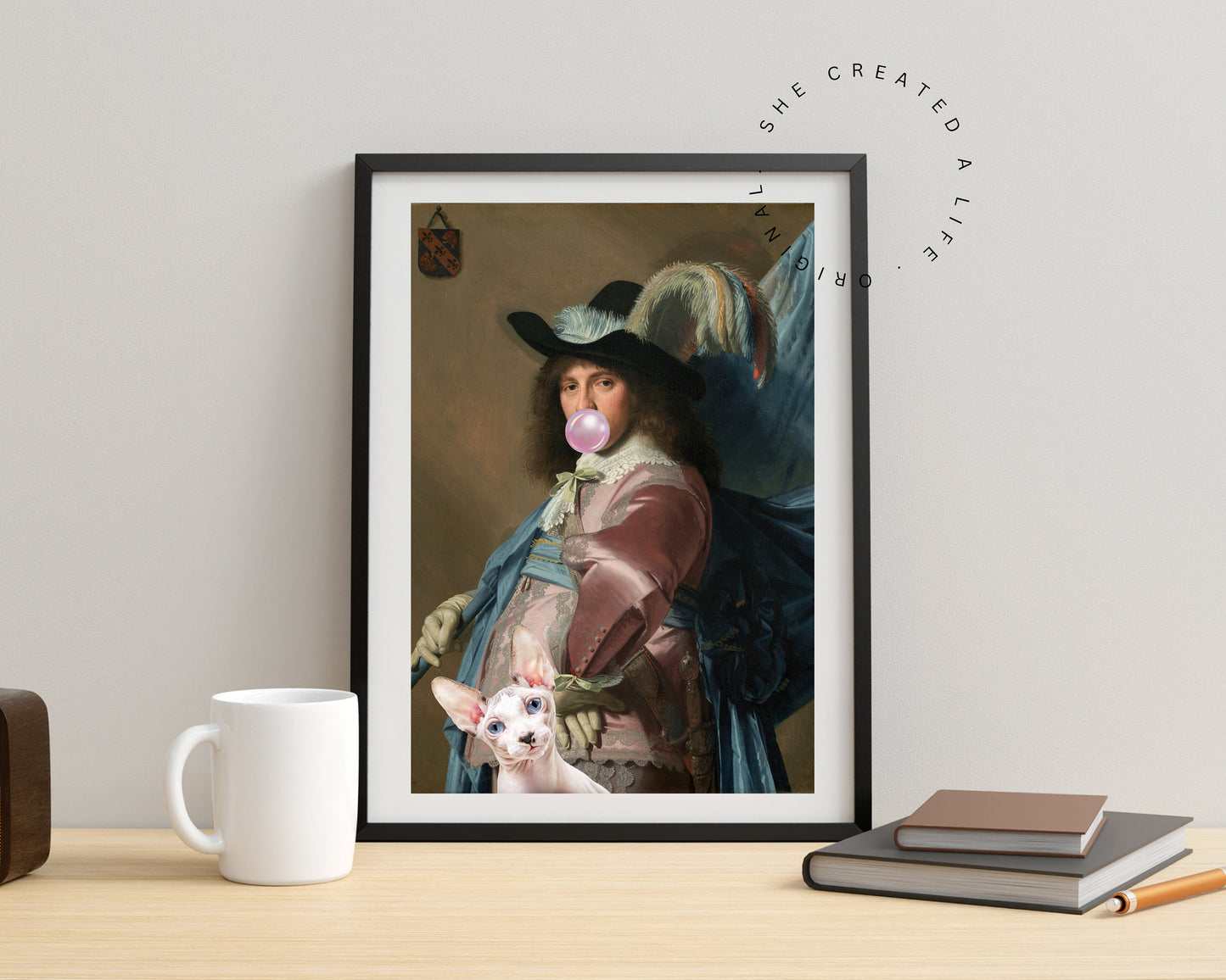 Quirky Bubble Gum Gentleman and Cat, Altered Art Print Poster, Funky Home Decor, Maximalist, Humorous Classic Portrait, Eclectic Gift.