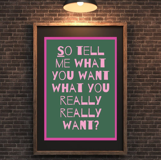 So Tell Me What You Want | Unframed Poster | Spice Girls Lyrics | Girl Power | Pink Poster | Girls Room | Girly Poster | Spice Girl Print