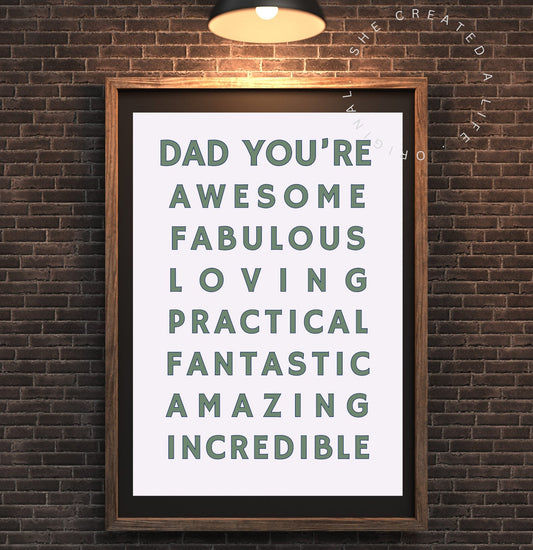 Dad You're Awesome, Digital Download Art Print Poster, Fathers Day, Dads Birthday, Cool Dad Gift Idea, Typography Wall Art, Family Portrait