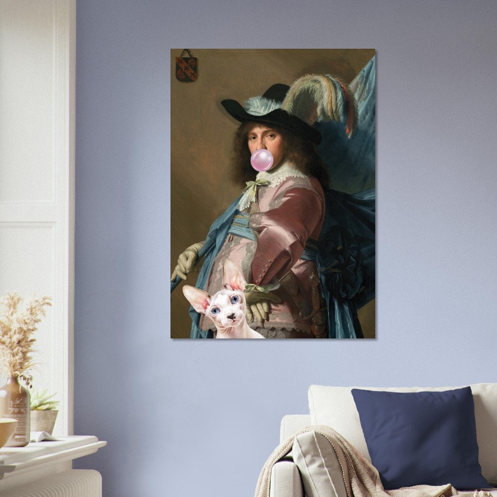 Quirky Bubble Gum Gentleman and Cat, Altered Art Print Poster, Funky Home Decor, Maximalist, Humorous Classic Portrait, Eclectic Gift.