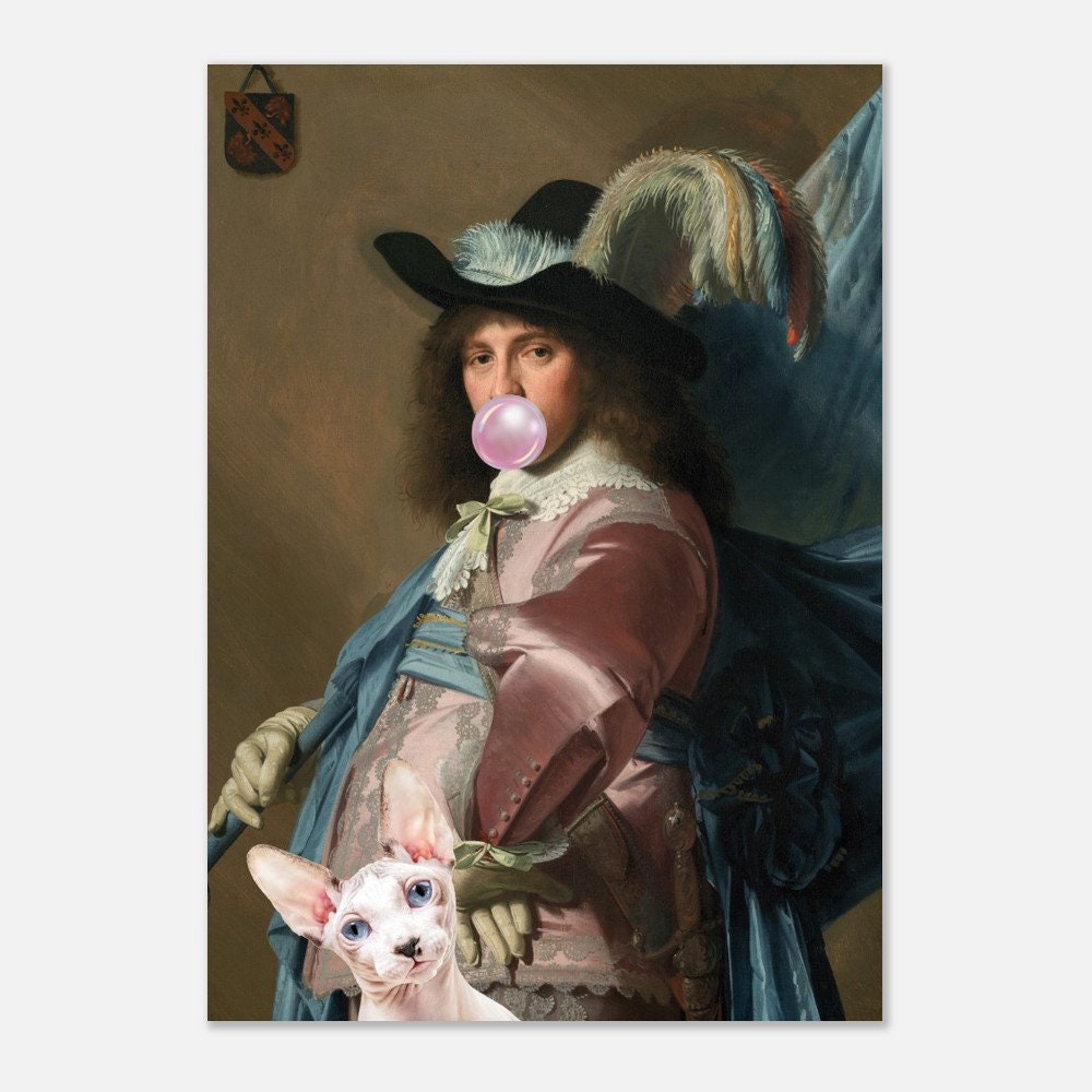Quirky Bubble Gum Gentleman and Cat, Altered Art Print Poster, Funky Home Decor, Maximalist, Humorous Classic Portrait, Eclectic Gift.