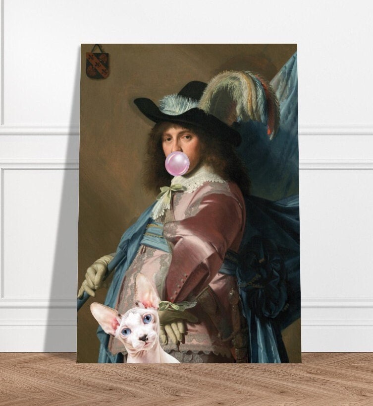 Quirky Bubble Gum Gentleman and Cat, Altered Art Print Poster, Funky Home Decor, Maximalist, Humorous Classic Portrait, Eclectic Gift.