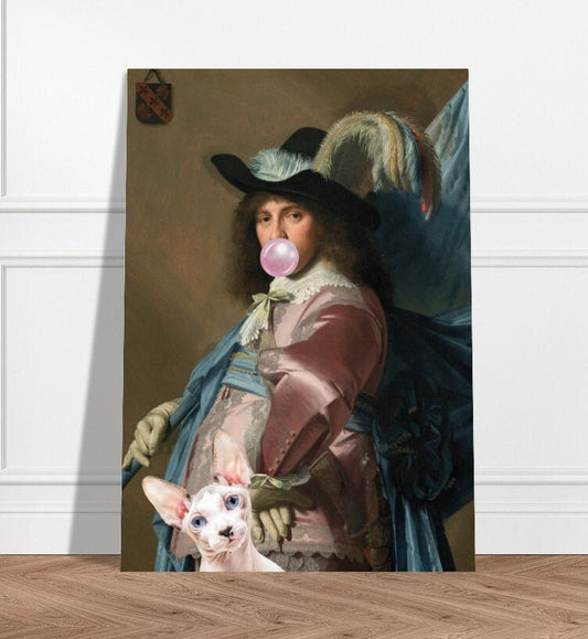 Quirky Bubble Gum Gentleman and Cat, Altered Art Print Poster, Funky Home Decor, Maximalist, Humorous Classic Portrait, Eclectic Gift.