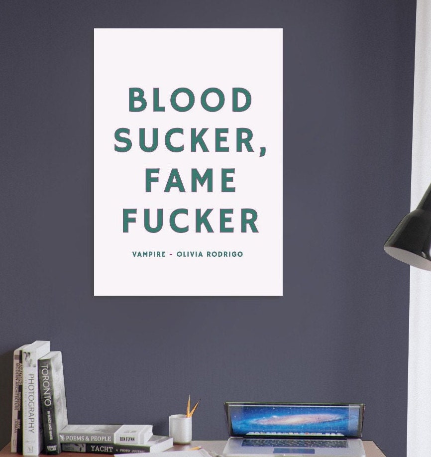 Blood Sucker Fame Fucker, Vampire, Olivia Rodrigo, Digital Art Print Poster, Song Lyrics, Pink Typography Wall Art, Funky Quirky Home Decor