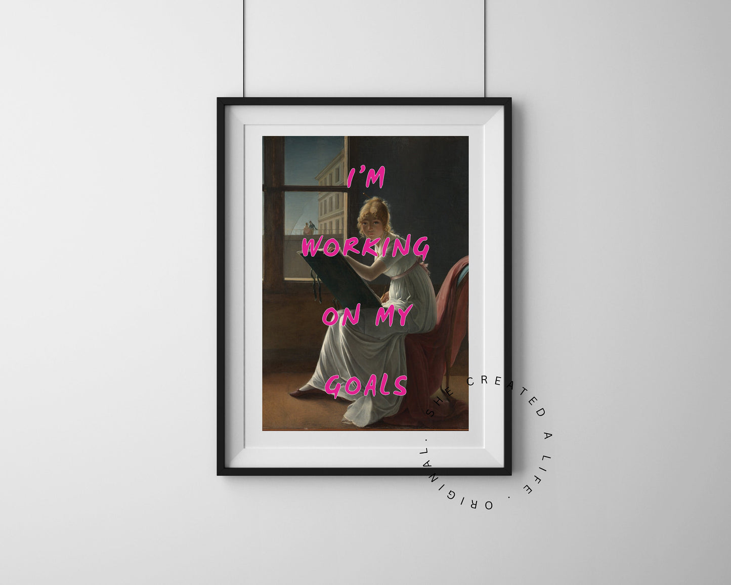 I'm Working On My Goals, Art Print Poster, DormRoom, Altered Portrait, Pink Typography Wall Art, Eclectic Funky Sassy Quirky Home Decor