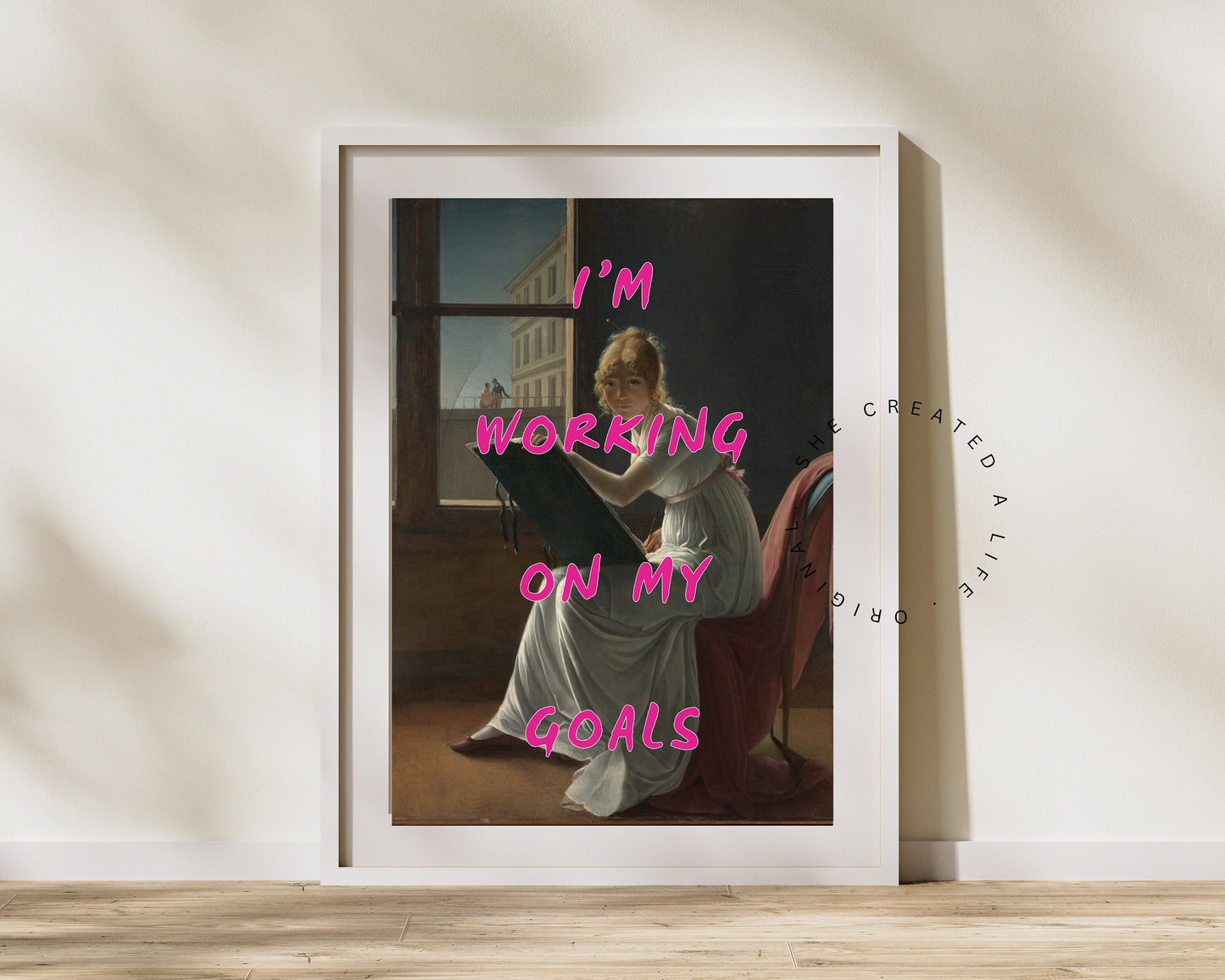 I'm Working On My Goals, Art Print Poster, DormRoom, Altered Portrait, Pink Typography Wall Art, Eclectic Funky Sassy Quirky Home Decor