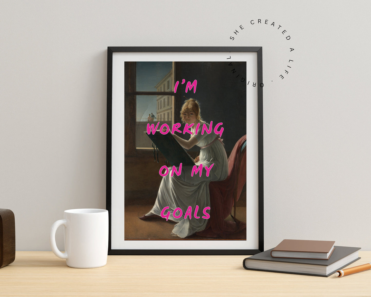 I'm Working On My Goals, Art Print Poster, DormRoom, Altered Portrait, Pink Typography Wall Art, Eclectic Funky Sassy Quirky Home Decor