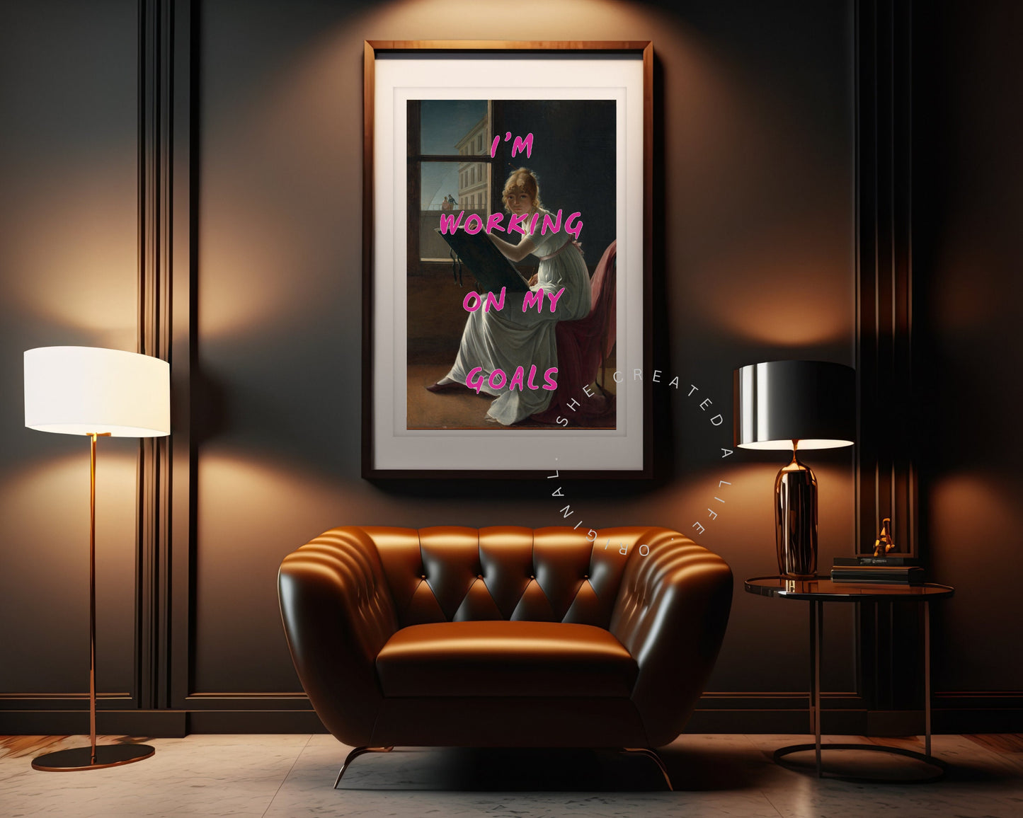 I'm Working On My Goals, Altered Art Portrait, Girly Art Print, Dopamine Decor, Quirky Wall Art, Dorm Room Print, Eclectic Poster, Hot Pink