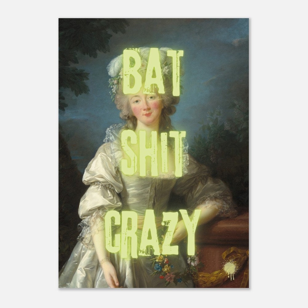 Bat Shit Crazy, Humorous Print, Swear Word Poster, Altered Art, Funny Portrait, Print, Eclectic Gift Idea, Funky Wall Art, Quirky Home Decor