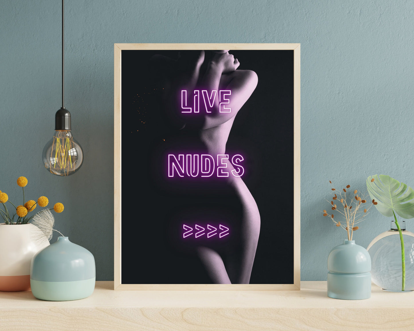 Live Nudes, Fun Sexy Female Silhouette, Neon Sign, Bar Room, Man Cave, Club Pub Print, Eclectic Gift Idea, Funky Wall Art, Quirky Home Decor